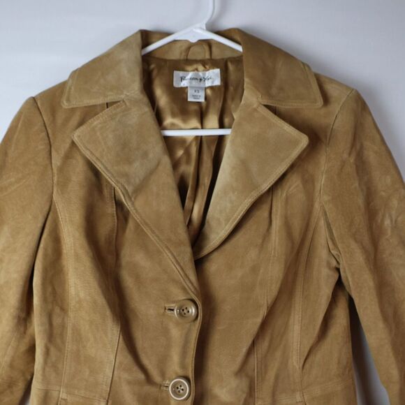 PRESTON& YORK Vtg‎ Women 100% Suede Jacket Blazer XS Lined Button Down Tan Beige - Picture 3 of 12